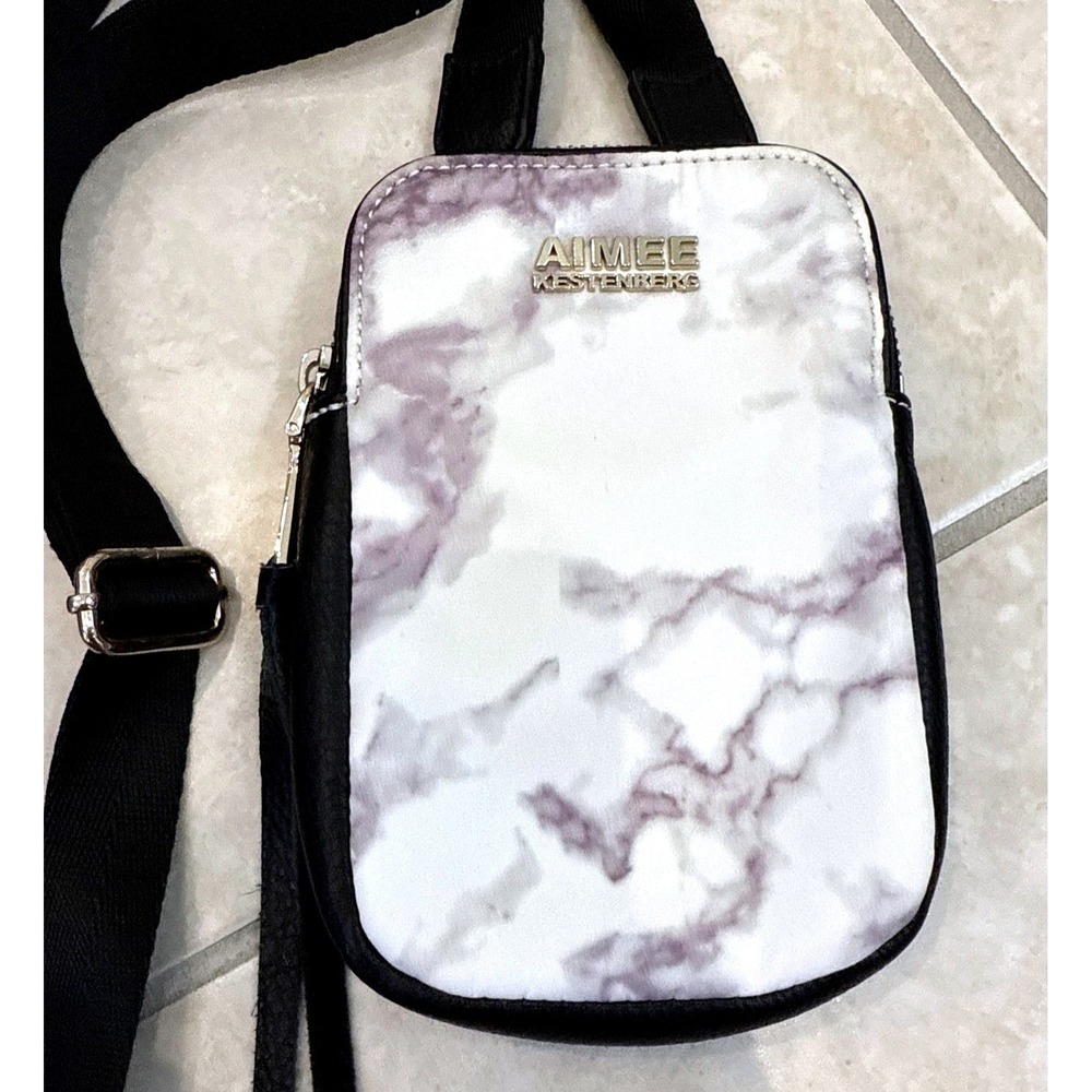 Aimee Kestenberg Marble Print Nylon Phone Crossbody Bag Leather Trim White Grey